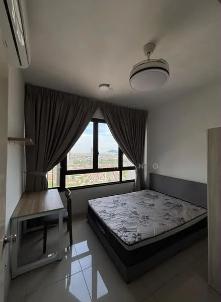 Bedroom features: queen-size bed with mattress, floor-to-ceiling window, curtains, study desk with chair, wall-mounted air conditioning unit, light fixture with circular design, white painted walls, glossy tile flooring; style: modern; view: city.