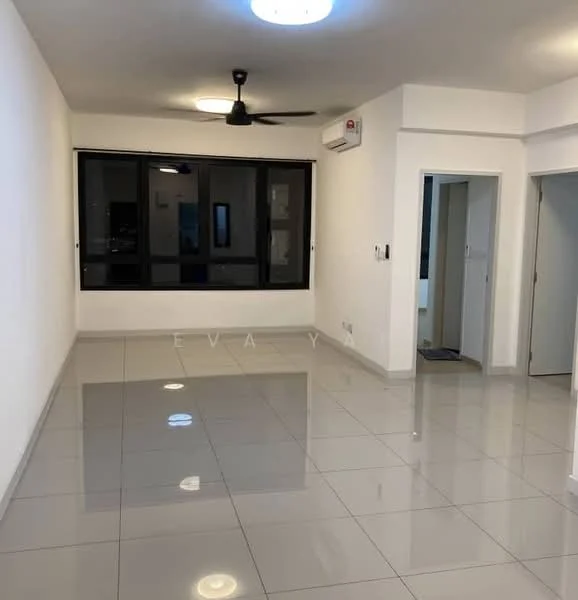Living features: white painted walls, glossy ceramic tile flooring, 5-blade ceiling fan with light, recessed downlights, floor-to-ceiling windows, sliding glass door, wall-mounted split AC, neutral color scheme; style: modern; view: city.