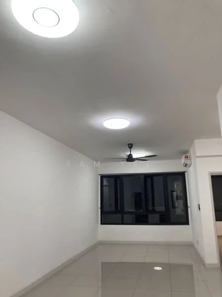 Room features: white painted walls, polished ceramic tile flooring, recessed LED downlights, ceiling fan, floor-to-ceiling windows, air conditioning unit; style: modern.