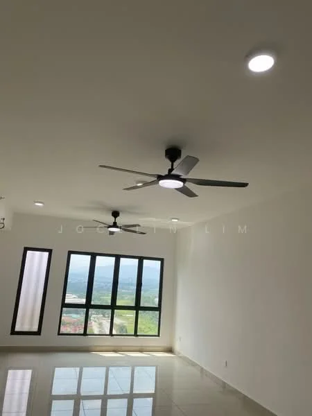 Room features: white painted walls, polished ceramic tile flooring, 5-blade ceiling fan with light, 5-blade ceiling fan with light, floor-to-ceiling windows, mountain view, recessed LED downlights; style: modern; view: mountain.
