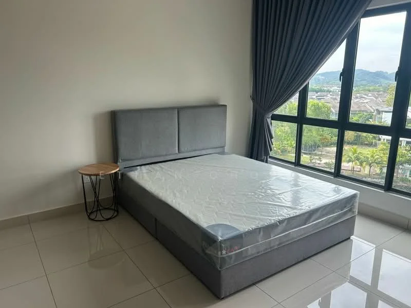 Bedroom features: queen-size bed, upholstered headboard, grey bed frame, floor-to-ceiling windows, curtains, side table with metal frame, glossy tile flooring, mountain view; style: modern; view: mountain.