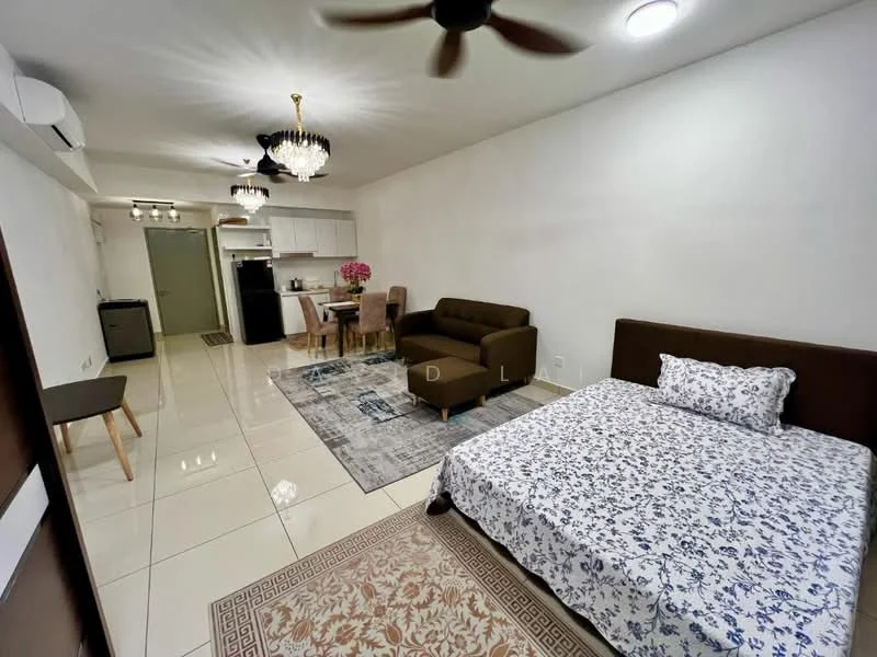 Living features: white painted walls, glossy tile flooring, 5-blade ceiling fan with light, chandelier, sofa in brown fabric, coffee table, area rug with floral pattern, wall-mounted TV, dining table with 4 chairs, refrigerator, kitchen cabinetry, kitchen island, bed with floral bedding, decorative wall art; style: modern.