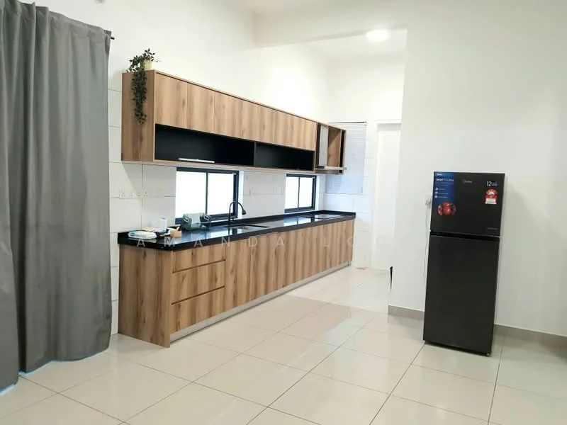 Kitchen features: laminate cabinetry in wood finish, black granite countertop, single-bowl stainless-steel sink, chrome pull-down faucet, built-in refrigerator in black, two windows for natural light, grey curtains, ceramic tile flooring, recessed downlights; style: modern.