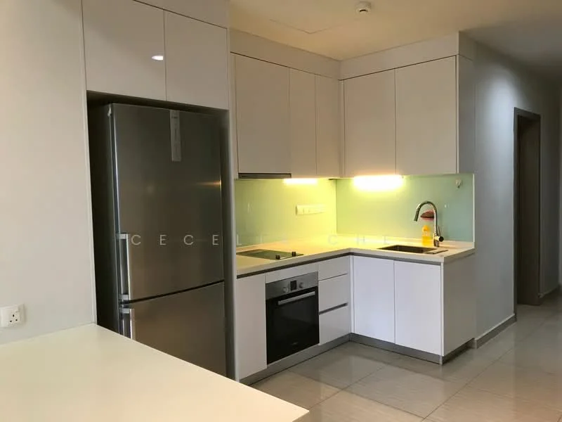 Kitchen features: stainless-steel fridge, built-in oven, 4-burner gas hob, single-bowl stainless-steel sink, chrome pull-down faucet, white flat-panel cabinets, light green glass backsplash, white countertop, recessed downlights, grey tile flooring; style: modern.
