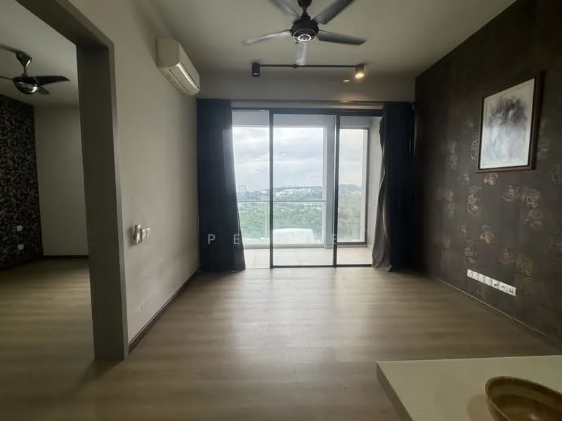 Living features: wooden flooring, floor-to-ceiling sliding glass door, 2 ceiling fans, recessed downlights, dark accent wall with floral pattern, light grey painted walls, curtains, view of greenery, open layout; style: modern; view: garden. Room features: light grey painted walls, wooden flooring.