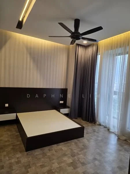 Bedroom features: wooden flooring, grey accent wall, white painted walls, 5-blade ceiling fan, floor-to-ceiling windows, sheer curtains, blackout curtains, built-in bedside cabinets, platform bed frame, decorative lighting, natural light from windows; style: modern; view: city.