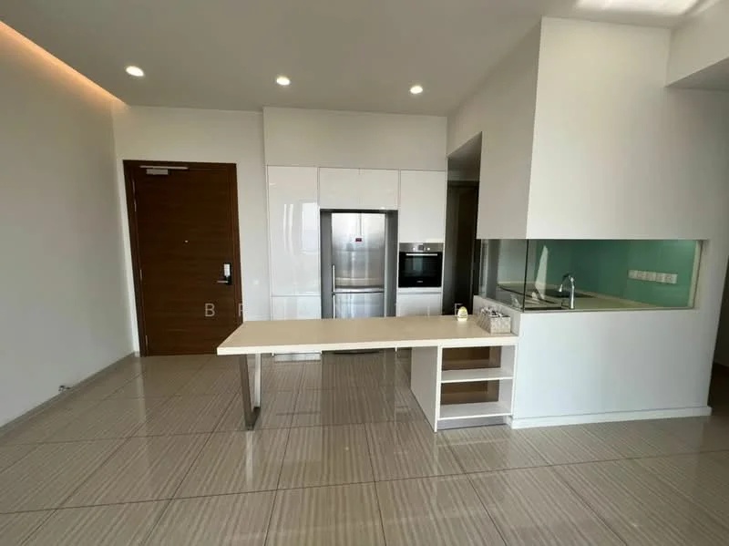 Kitchen features: white cabinetry, stainless-steel fridge, built-in oven, kitchen island with countertop, single-bowl stainless-steel sink, chrome pull-down faucet, glass backsplash, recessed downlights, tile flooring, open layout, wall-mounted cabinet, pantry storage; style: modern.