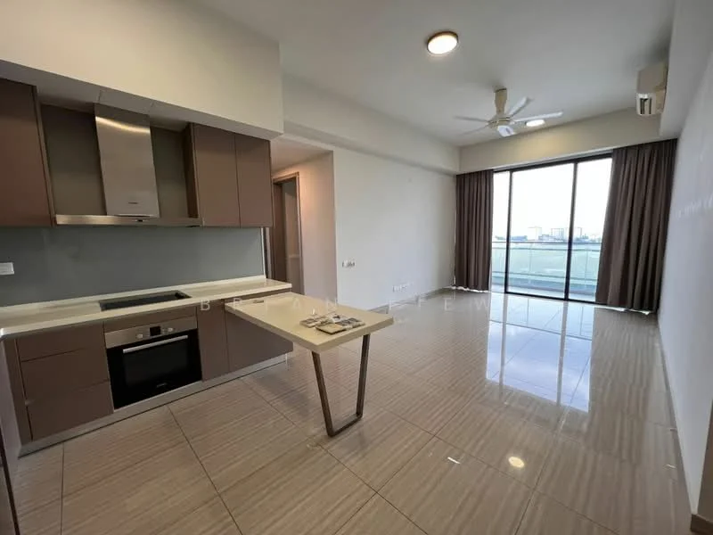 Kitchen features: brown cabinetry, white countertop, stainless-steel built-in oven, stainless-steel cooktop, exhaust hood, single-bowl stainless-steel sink, chrome pull-down faucet, recessed downlights; style: modern; view: city. Living features: large floor-to-ceiling windows, sliding glass door, cream painted walls, grey tiled flooring, ceiling fan, curtains, open layout; style: modern; view: city.
