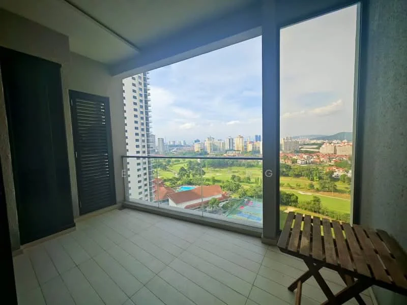Balcony features: glass railing, sliding glass door, floor-to-ceiling windows, wooden folding table, tile flooring, city view, green landscape view, shuttered doors; style: modern; view: city.