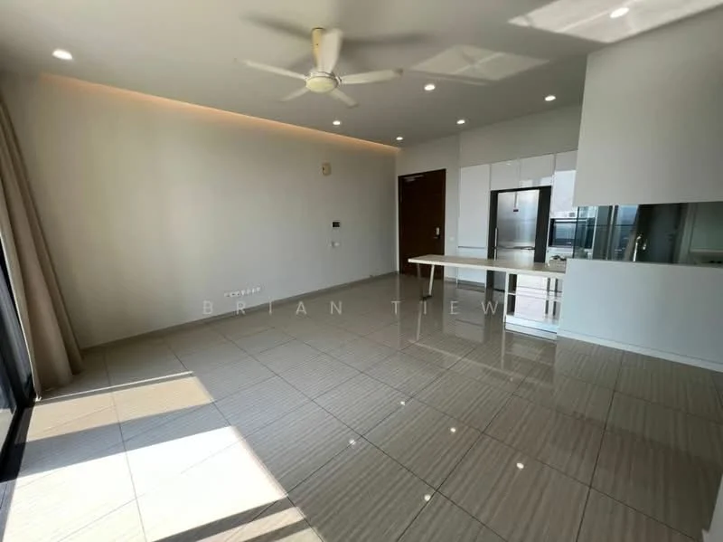 Living features: large floor-to-ceiling windows, sliding glass door, cream painted walls, recessed downlights, 5-blade ceiling fan, glossy ceramic tile flooring, open layout, kitchen island, neutral color palette, natural light, curtains, wall-mounted electrical outlets; style: modern.