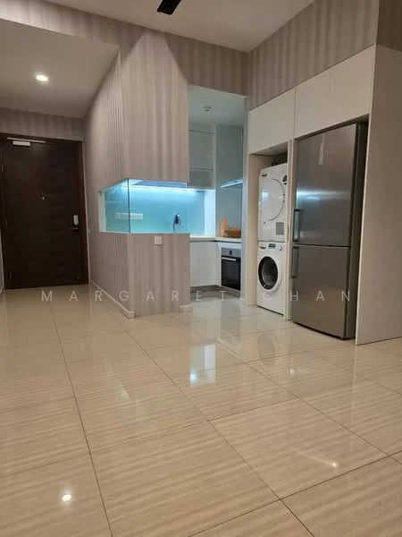 Kitchen features: white painted walls, striped wallpaper, glossy tile flooring, built-in kitchen cabinets, stainless-steel fridge, front-load washing machine, countertop with under-cabinet lighting, kitchen island, open layout, recessed ceiling lights; style: modern. Room features: main entrance door, interior hallway, light fixtures.