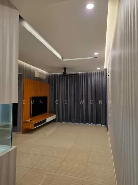 Living features: grey curtains, wall-mounted TV, white TV console, wood feature wall, recessed ceiling lights, tray ceiling, cream tiled flooring, air conditioning unit; style: modern.