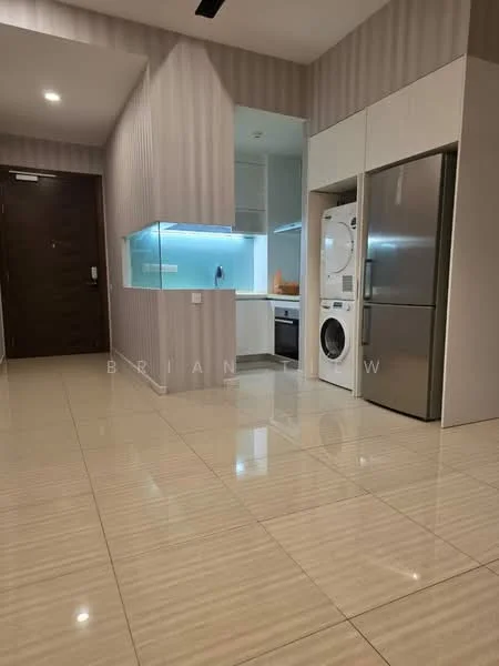 Kitchen features: white cabinetry, stainless-steel fridge, built-in oven, washing machine, marble countertop, glass backsplash, recessed lighting, tile flooring, open layout, kitchen island, modern faucet; style: modern.