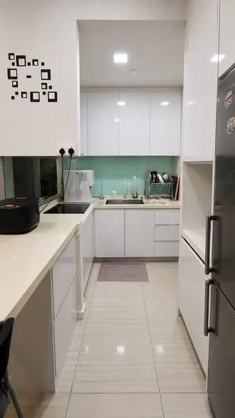 Kitchen features: white glossy cabinetry, light green backsplash, quartz countertop, stainless-steel sink, chrome pull-down faucet, built-in oven, freestanding refrigerator, ceramic tile flooring, recessed LED downlights, window with sheer curtains, kitchen island with seating, wall-mounted storage shelves, decorative wall art; style: modern.
