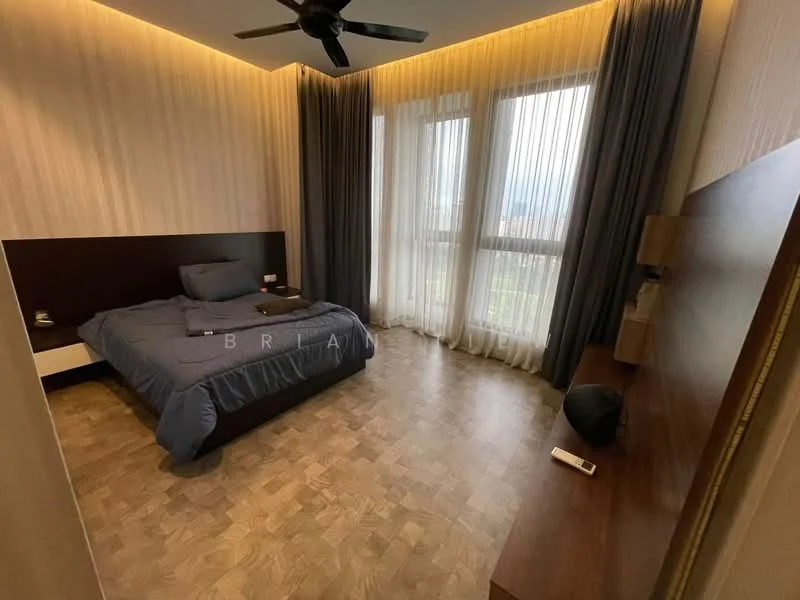 Bedroom features: king-size bed with grey bedding, wooden flooring, floor-to-ceiling windows, sheer curtains, dark grey curtains, ceiling fan, wall-mounted bedside lamps, wooden bedside table, built-in wardrobe, decorative wall paneling; style: modern; view: city.