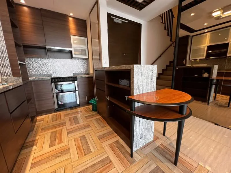 Kitchen features: brown wooden cabinetry, granite countertop, stainless-steel gas stove, built-in oven, mosaic tile backsplash, open shelving, wooden flooring with herringbone pattern, recessed downlights, kitchen island with curved design, sink, dishwasher; style: modern.
