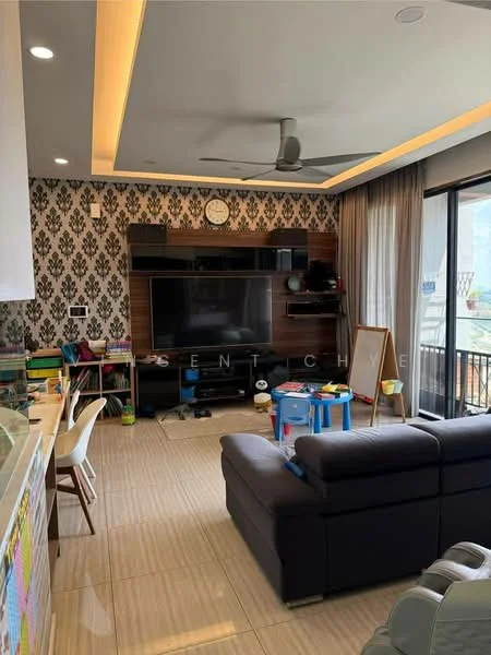 Living features: 3-seater fabric sofa in dark grey, coffee table, wall-mounted TV, TV console with wood finish, decorative wall clock, feature wall with damask pattern, recessed ceiling lights, ceiling fan with light, large glass sliding door, curtains, children's play area with colorful toys, tile flooring, open layout to kitchen, area rug; style: modern; view: city.