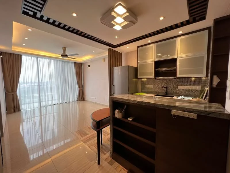 Kitchen features: marble tile flooring, white painted walls, recessed downlights, 5-blade ceiling fan with light, single-bowl stainless-steel sink, chrome pull-down faucet, green countertop, built-in refrigerator, cabinetry with glass-front upper cabinets, mosaic tile backsplash, open shelving, bar counter with stools, floor-to-ceiling windows with sheer curtains; style: modern; view: city.