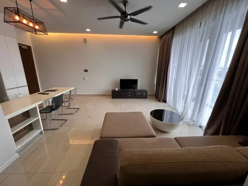 Living features: 3-seater fabric sofa in brown, coffee table, wall-mounted TV, TV console, floor-to-ceiling windows, sheer curtains, dark brown curtains, 5-blade ceiling fan with light, recessed LED downlights, light wood flooring, open-plan layout with dining area, decorative wall paneling; style: modern; view: city.