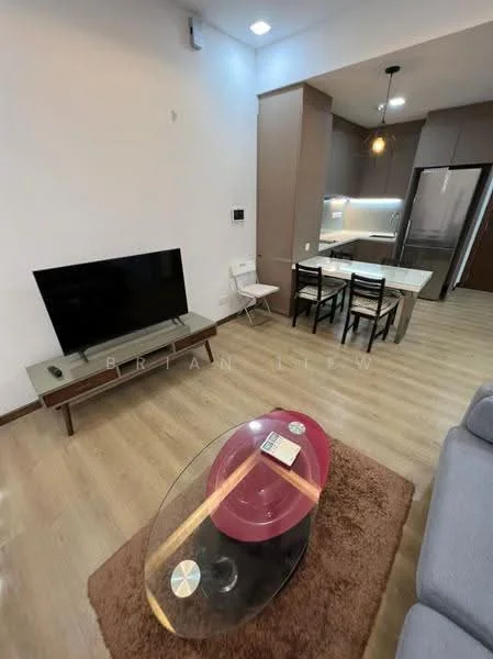 Living features: light wood laminate flooring, white painted walls, sofa in grey fabric, glass coffee table with pink accent, TV console in wood finish, wall-mounted TV, dining table with four chairs, pendant light fixture, recessed downlights; style: modern.