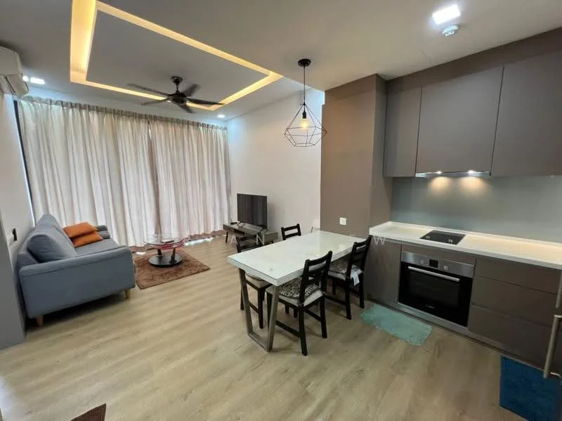 Living features: grey fabric sofa, wood coffee table, TV console, wall-mounted TV, area rug, 5-blade ceiling fan with light, recessed downlights, floor-to-ceiling windows with sheer curtains, light wood flooring, dining table with 4 chairs, kitchen cabinetry in dark grey, built-in oven, stainless-steel hob, white countertop; style: modern.
