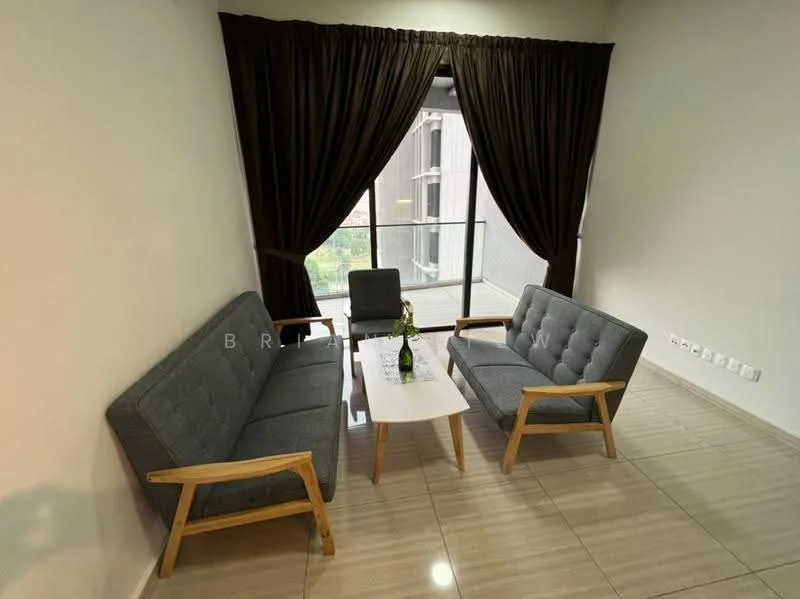 Living features: grey fabric sofa, 2-seater sofa, 3-seater sofa, wooden armrests, white coffee table, floor-to-ceiling windows, blackout curtains, light-colored tiled flooring, decorative plant, wall with neutral color; style: modern; view: garden.