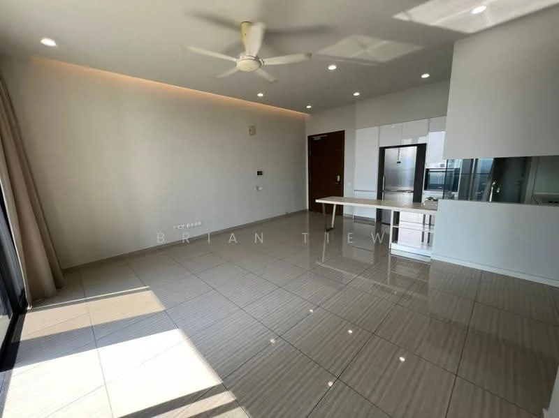 Living features: glossy tile flooring, white painted walls, ceiling fan with light, recessed downlights, large glass sliding door, floor-to-ceiling windows, kitchen island with seating, stainless-steel refrigerator, open layout, natural light from windows; style: modern.