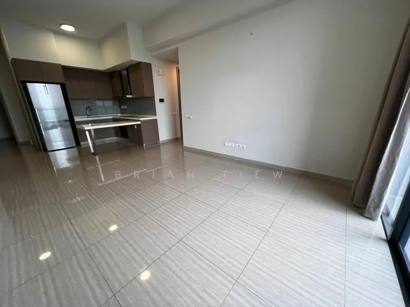 Living features: grey tiled flooring, white painted walls, recessed downlights, floor-to-ceiling windows, sliding glass door, kitchen island with seating, stainless-steel fridge, built-in cabinets, open layout, neutral color scheme; style: modern.
