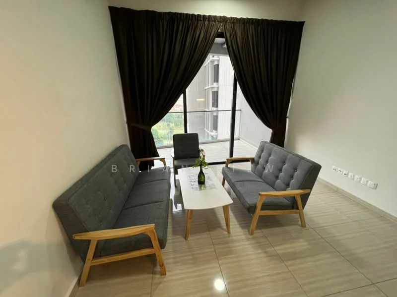 Living features: 3-seater fabric sofa in grey, 2-seater fabric sofa in grey, wooden coffee table, floor-to-ceiling windows, sheer curtains, dark brown curtains, light-colored wall, glossy tile flooring; style: modern; view: garden.