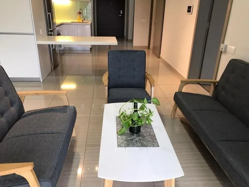 Living features: grey fabric sofa, 2-seater sofa, armchair with wooden frame, white coffee table, decorative plant in pot, glossy tile flooring, recessed lighting, open kitchen visible in background, neutral wall color, doorway leading to hallway; style: modern.