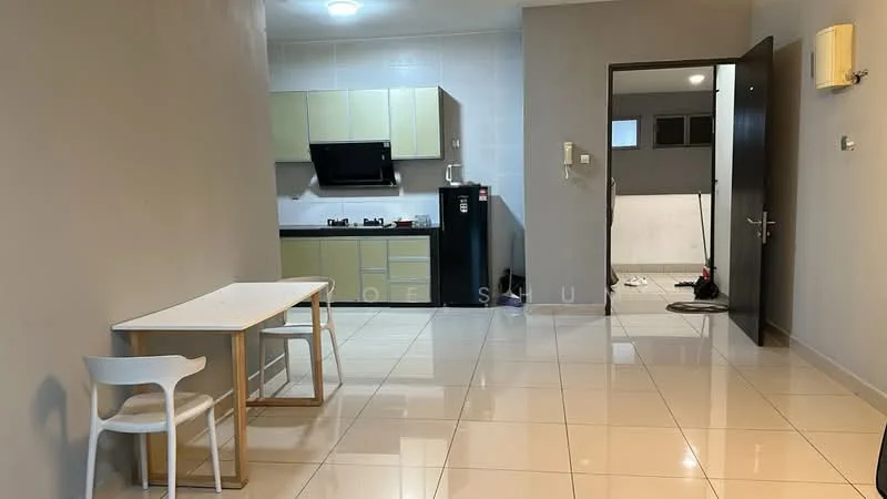 Kitchen features: green cabinetry, black countertop, built-in stove, exhaust hood, single-bowl stainless-steel sink, fridge, tile backsplash; style: modern. Living features: tile flooring, neutral painted walls, ceiling light, dining table, white chair, open layout; style: modern.
