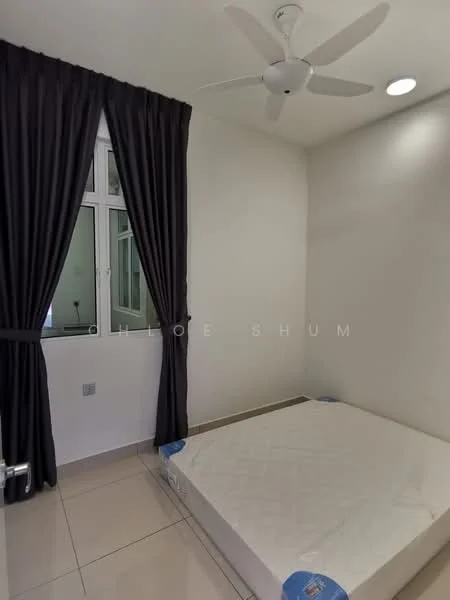 Bedroom features: white painted walls, tile flooring, 5-blade ceiling fan, floor-to-ceiling window, blackout curtains, unmade bed with mattress, light fixture in ceiling; style: modern.