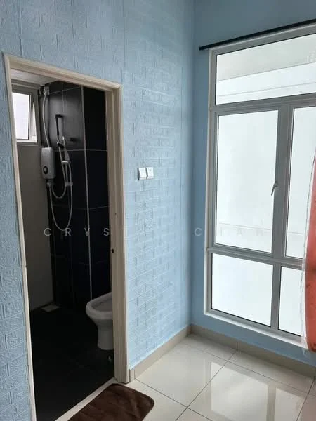 Bathroom features: blue painted walls, white ceramic floor tiles, shower with wall-mounted showerhead, toilet, window with clear glass, door leading to another room, brown bath mat. Room features: white walls, large window, natural light.