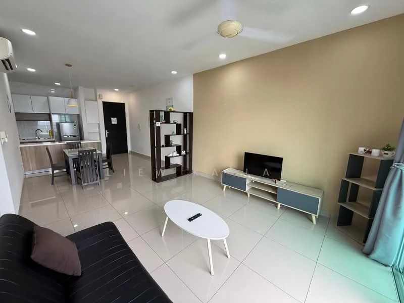 Living features: black fabric sofa, white coffee table, TV console with storage, wall-mounted TV, ceiling fan, recessed downlights, grey curtains, cream painted walls, tile flooring, open layout to kitchen, decorative shelving unit; style: modern. Kitchen features: white cabinetry, stainless-steel sink, built-in oven, 4-burner gas hob, exhaust hood, countertop with bar seating, refrigerator, tile backsplash; style: modern.