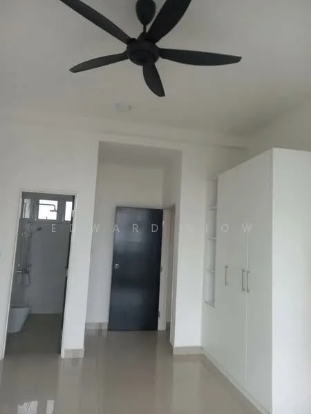 Room features: white painted walls, tile flooring, 5-blade ceiling fan, built-in wardrobe, door to bathroom, door to hallway, window, neutral color scheme; style: modern.