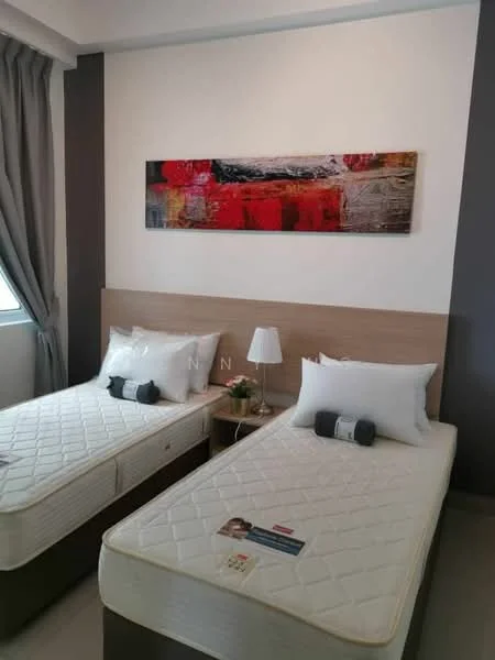 Bedroom features: two single beds with mattresses, wooden headboard, white bedding with decorative pillows, nightstand with lamp, abstract wall art above the beds, curtains on window, light-colored walls, carpeted flooring; style: modern.