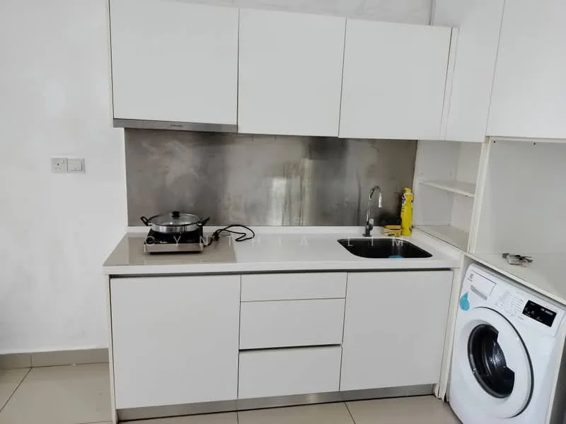 Kitchen features: white cabinetry, stainless-steel sink, chrome pull-down faucet, white countertop, stainless-steel backsplash, built-in gas stove, freestanding washing machine, tile flooring, wall-mounted cabinets, open shelving; style: modern.