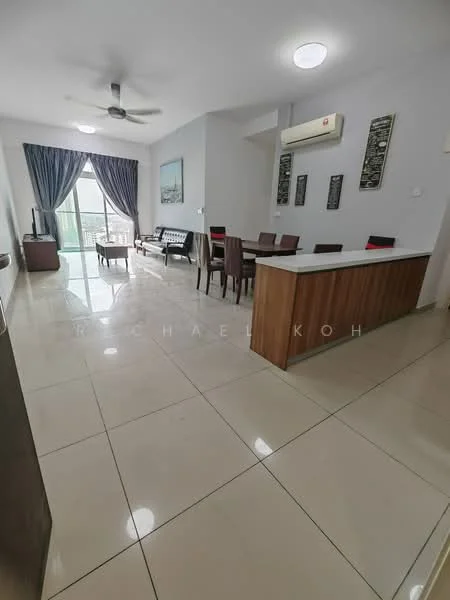 Living features: cream painted walls, glossy tile flooring, 5-blade ceiling fan with light, floor-to-ceiling windows, curtains in dark blue, sofa with wooden frame, dining table with 6 chairs, wall-mounted air conditioning unit, decorative wall art, coffee table, area rug; style: modern; view: garden. Kitchen features: kitchen island with bar seating, white cabinetry, stainless-steel appliances, granite countertop; style: modern.