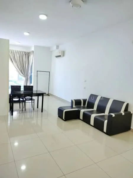 Living features: black and white sectional sofa, glass coffee table, 4-seater dining table, white painted walls, glossy tile flooring, recessed ceiling lights, wall-mounted split AC, floor-to-ceiling windows with sheer curtains; style: modern.