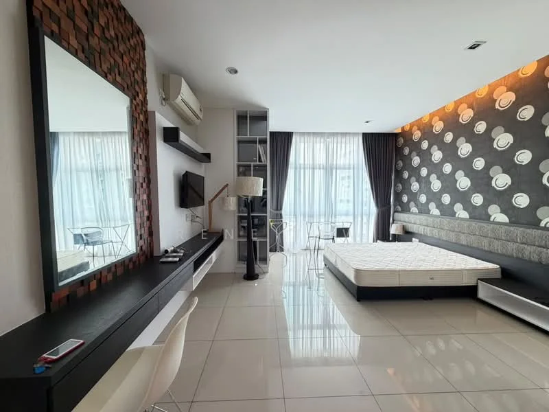 Bedroom features: king-size bed base without mattress, grey upholstered headboard, black wall-mounted TV, black console table, white chair, floor-to-ceiling windows, sheer curtains, dark accent wall with circular pattern, light grey tiled flooring, air conditioning unit, decorative mirror, built-in shelving unit; style: modern; view: city.
