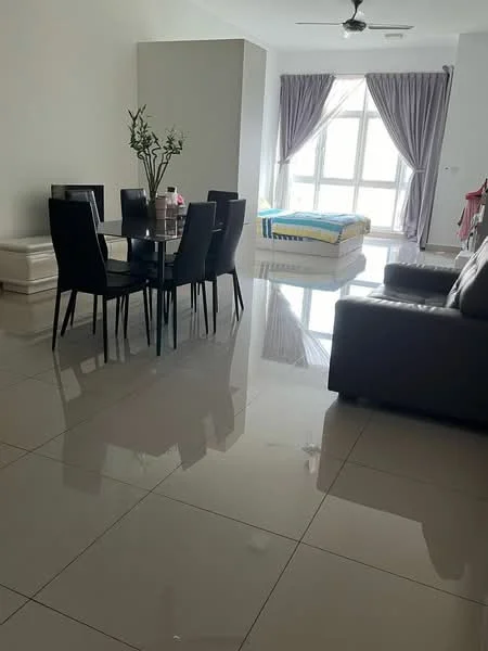 Living features: grey leather sofa, glass coffee table, 4-seater dining table with black chairs, floor-to-ceiling windows, sheer curtains, grey curtains, polished ceramic tile flooring, ceiling fan, decorative vase with flowers; style: modern. Bedroom features: queen-size bed with blue bedding, bedside table, wall-mounted TV, built-in wardrobe.