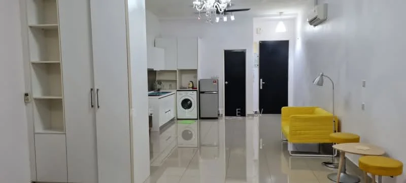 Living features: white painted walls, glossy tile flooring, 5-blade ceiling fan with light, chandelier, yellow fabric sofa, wooden side table, floor lamp, built-in shelving unit, kitchen area with white cabinetry, stainless-steel fridge, front-load washing machine, black doors, air conditioning unit; style: modern.