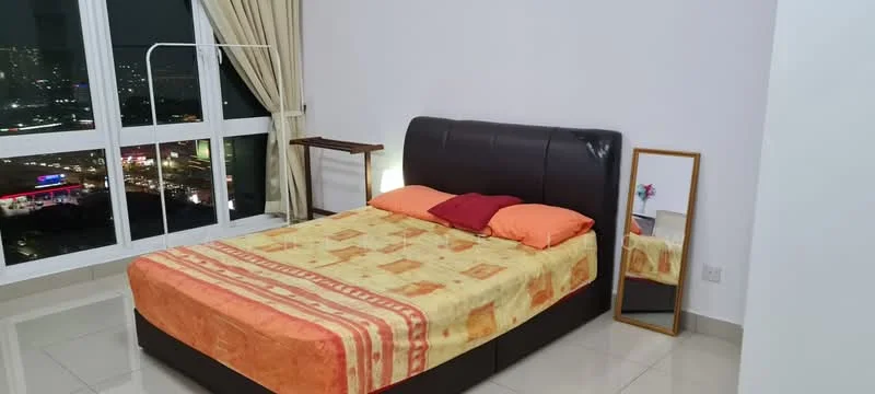 Bedroom features: king-size bed with brown leather headboard, orange and yellow bedding, two orange pillows, white walls, large floor-to-ceiling windows, curtains in light beige, mirror with gold frame, small side table, glossy tile flooring, city view from window; style: modern; view: city.
