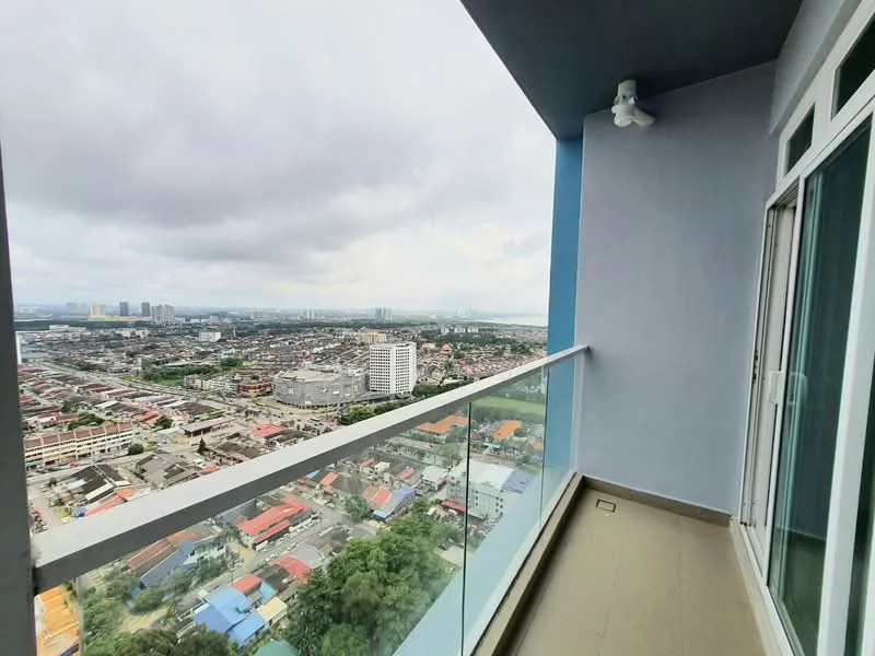 Room features: glass balcony railing, grey tiled flooring, blue accent wall, city skyline view, outdoor space; style: modern; view: city.