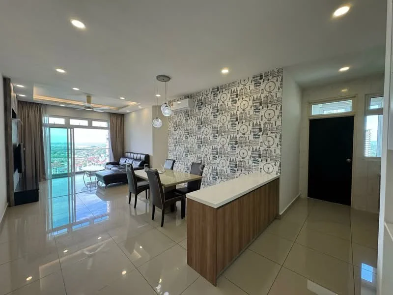 Living features: floor-to-ceiling windows, sliding glass door, 3-seater leather sofa, 2-seater leather sofa, coffee table, wall-mounted TV, area rug, 5-blade ceiling fan with light, decorative wall with geometric pattern, curtains, marble tile flooring, recessed downlights; style: modern; view: city. Dining features: 6-seater dining table, upholstered dining chairs, pendant lamp, marble countertop, open shelving; style: modern; view: city.
