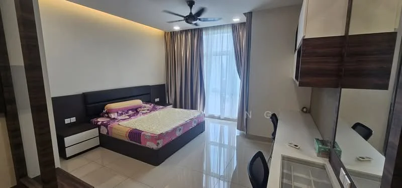 Bedroom features: king-size bed with colorful bedding, two bedside tables, built-in wardrobe with sliding doors, study desk with chair, large window with sheer curtains, ceiling fan, recessed lighting, glossy tile flooring, decorative wall mirror; style: modern.