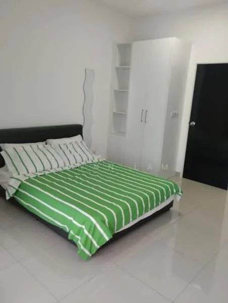 Bedroom features: king-size bed with green and white striped bedding, white walls, glossy tile flooring, built-in wardrobe with white finish, black door, decorative mirror, nightstand, window with no visible treatment; style: modern.