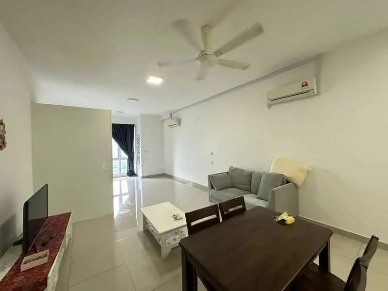 Living features: 3-blade ceiling fan, wall-mounted split AC, grey fabric sofa, coffee table, TV console, wall-mounted TV, dining table with 4 chairs, white tiled flooring, white painted walls, blackout curtains, large window with garden view; style: modern; view: garden.