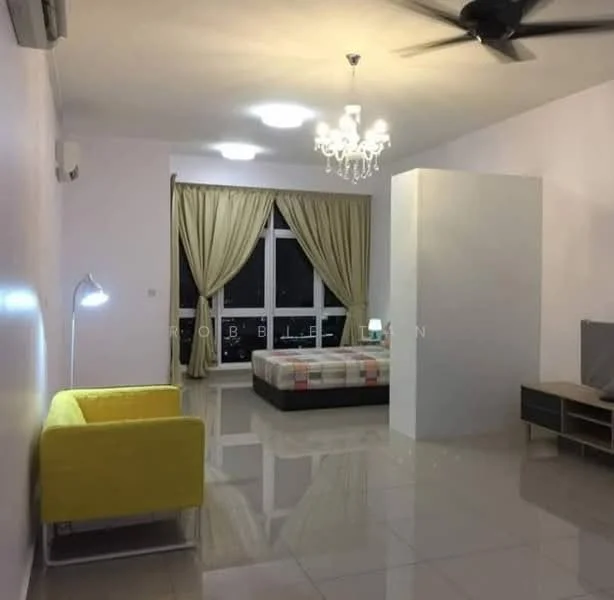 Bedroom features: queen-size bed with patterned bedding, chandelier light fixture, 5-blade ceiling fan, floor-to-ceiling windows, sheer curtains, cream painted walls, glossy tile flooring, yellow fabric sofa, TV console, wall-mounted TV, decorative wall panel; style: modern; view: city.