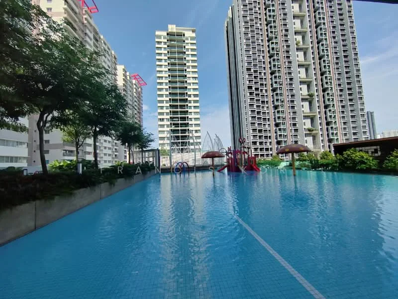 Exterior type: high-rise condominium; features: infinity pool, pool deck with loungers, children's playground, surrounded by greenery, modern architecture, water features, landscaped gardens; style: modern.